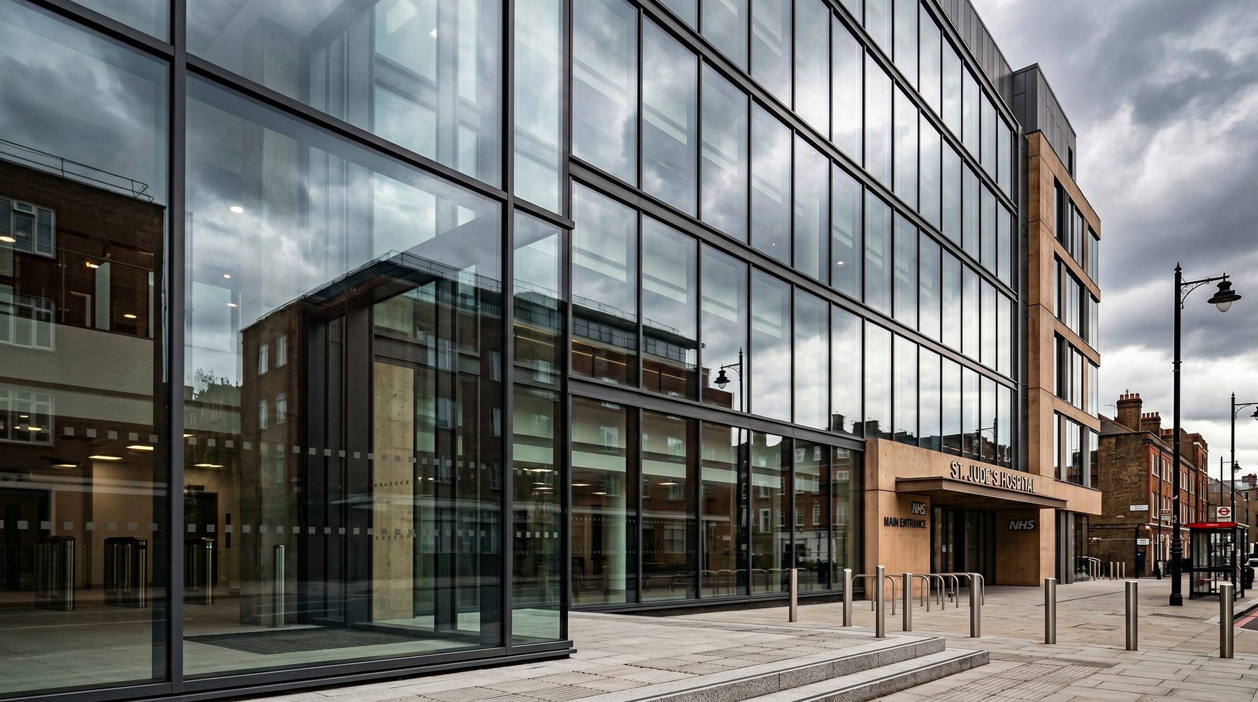Modern UK public building with full-height glass facade