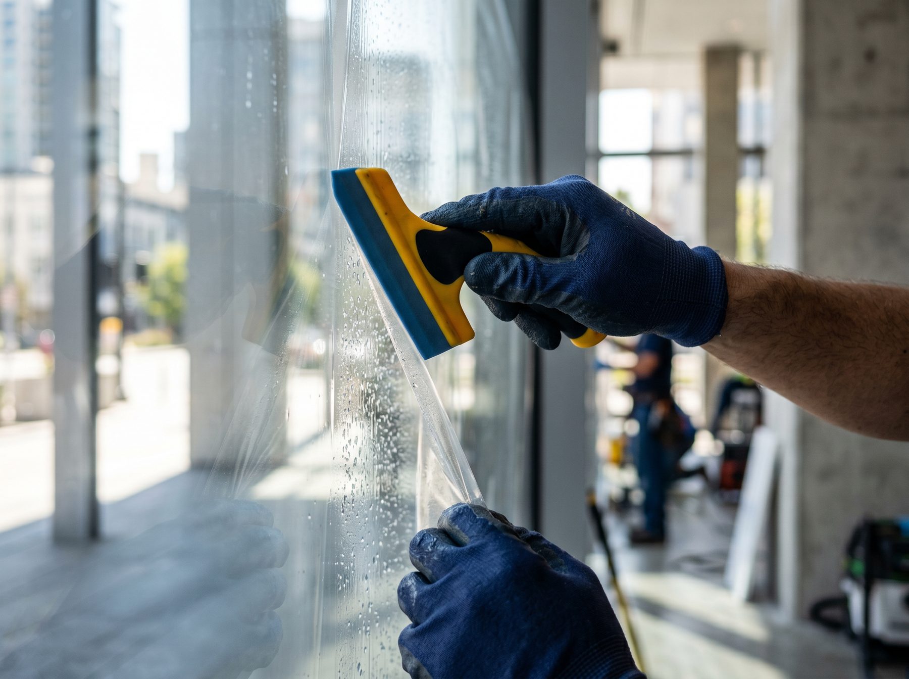 Professional installer applying clear architectural safety film to a commercial window