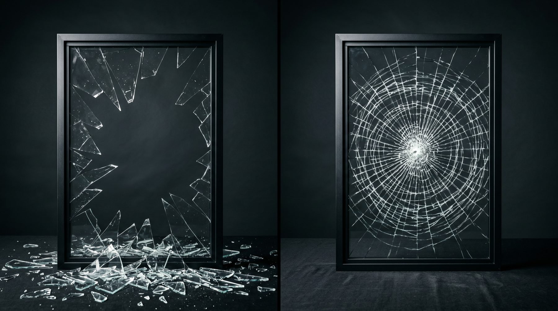 Side-by-side: unprotected glass shatters into shards; Solar Block-treated glass holds together on impact